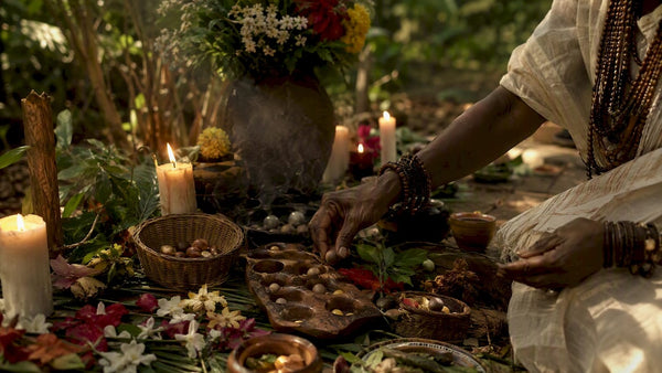 Hands arranging West African ritual objects on altar