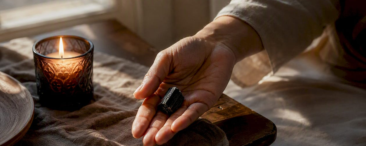 Hand touching black tourmaline stone beside candle