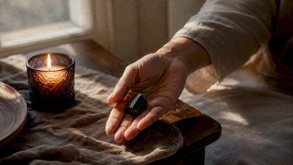 Hand touching black tourmaline stone beside candle