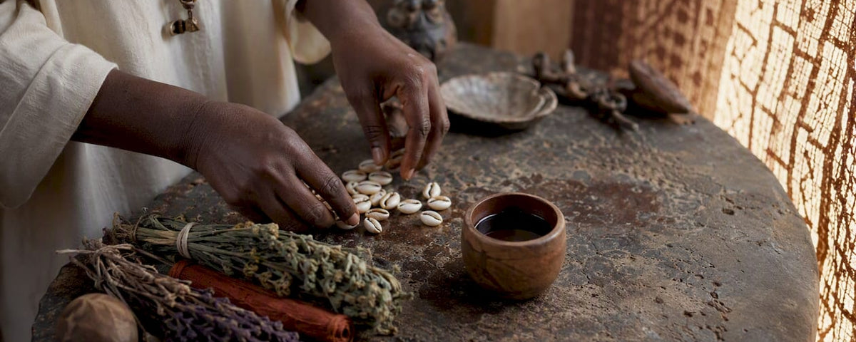 Hands performing West African wealth ritual with cowrie shells and herbs
