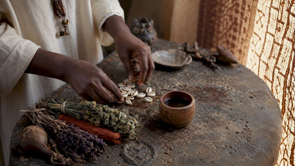 Hands performing West African wealth ritual with cowrie shells and herbs