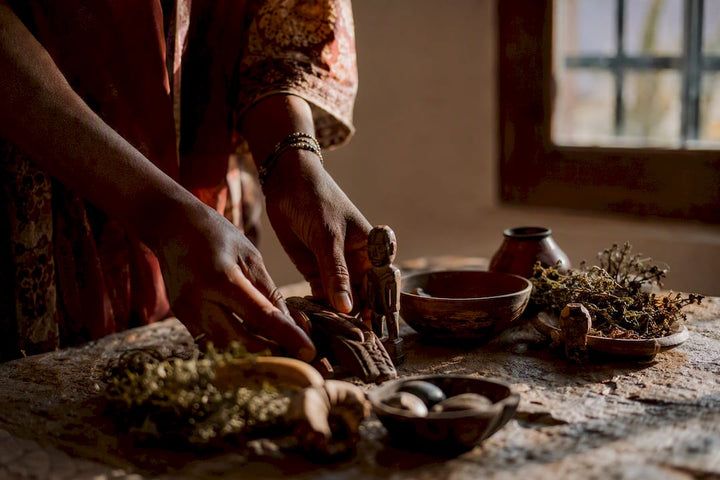 Hands selecting traditional African divination tools