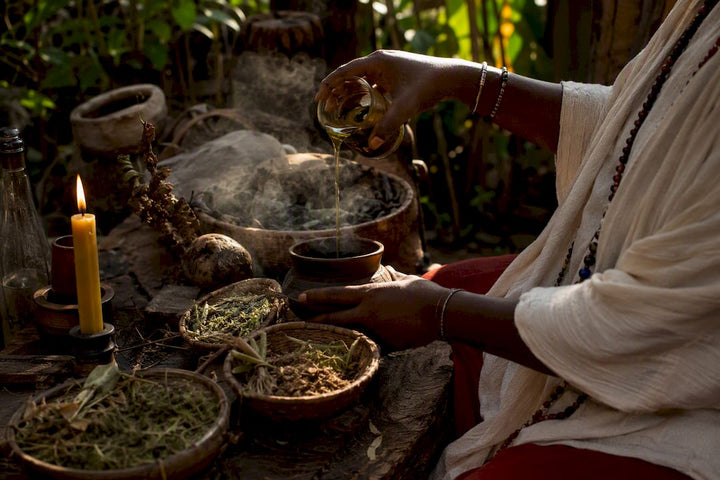 Hands pouring oils into ritual pot on wooden table