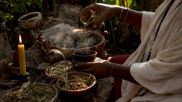 Hands pouring oils into ritual pot on wooden table