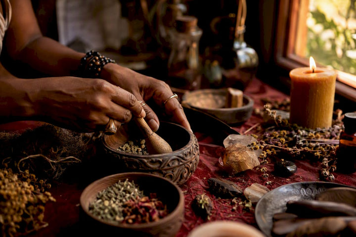 Hands pouring cleansing water in ritual bowl