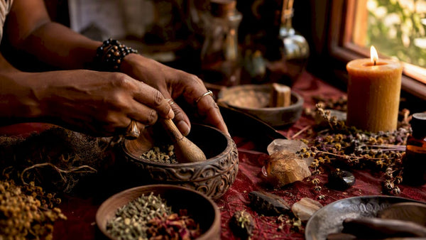 Hands pouring cleansing water in ritual bowl
