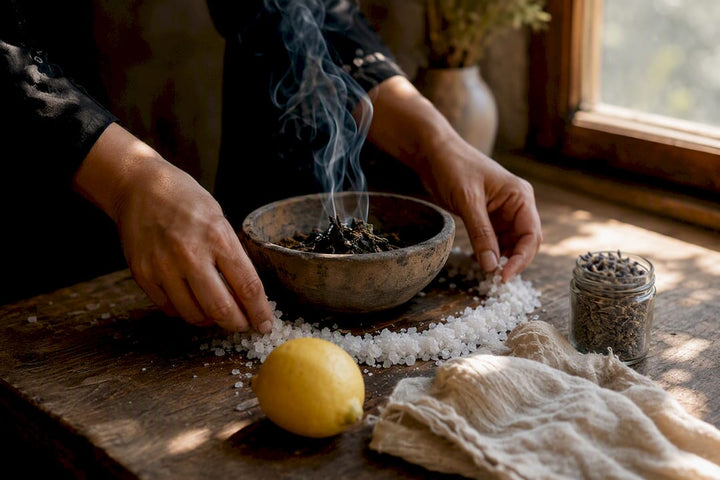 Hands sprinkling salt and smoke rising from bowl