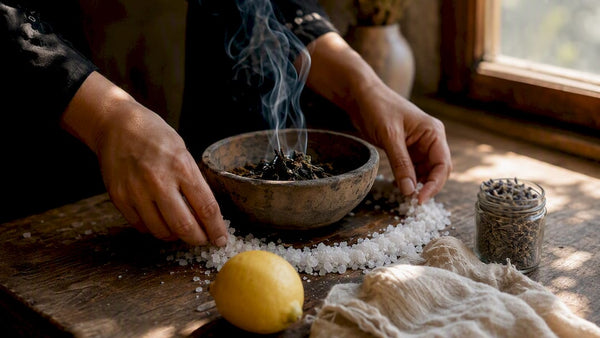 Hands sprinkling salt and smoke rising from bowl