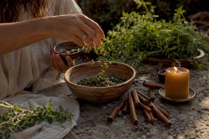 Hands placing coins and bay leaves in money bowl