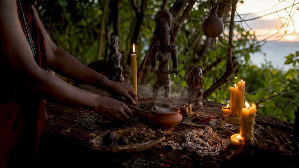 Hands arranging West African ritual objects