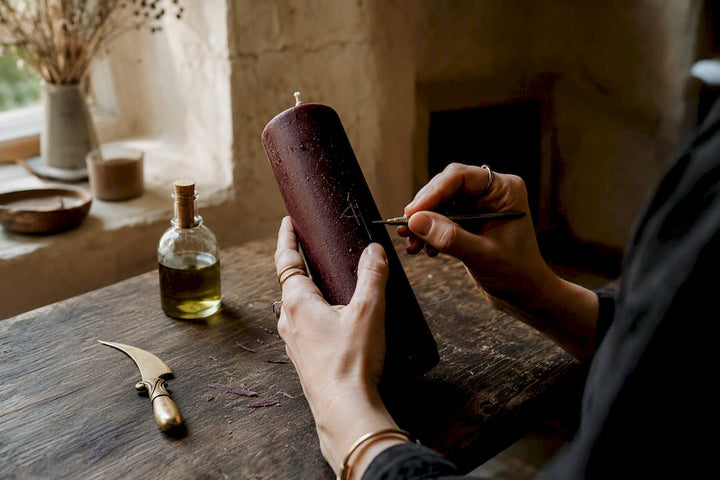 Hands carving initials in candle for ritual
