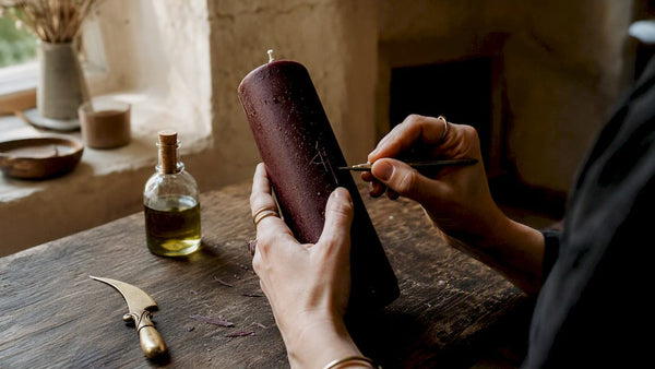 Hands carving initials in candle for ritual