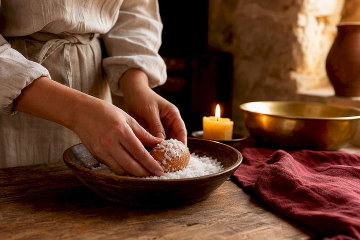 Hands washing egg for ritual on rustic table