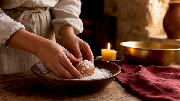 Hands washing egg for ritual on rustic table