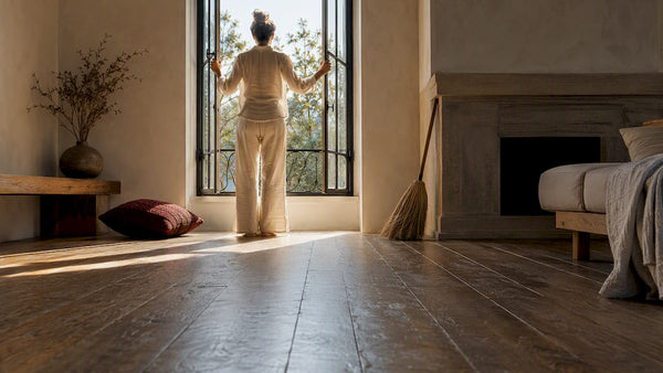 Person opening window in clean home