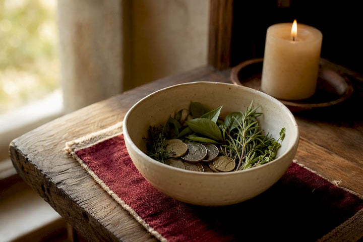 Money bowl with herbs coins and candle