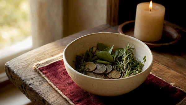 Money bowl with herbs coins and candle