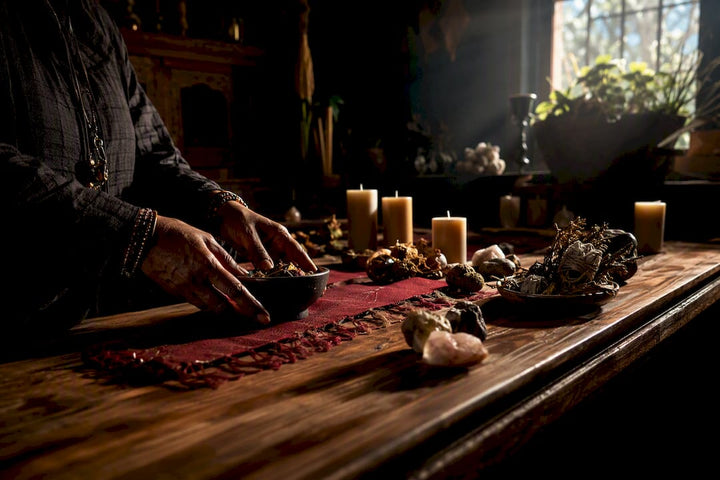 Staged ritual arrangement on wooden altar