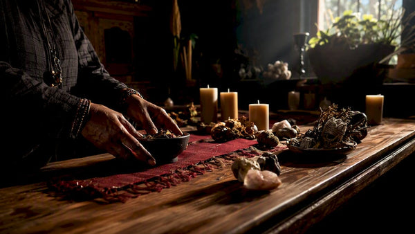Staged ritual arrangement on wooden altar