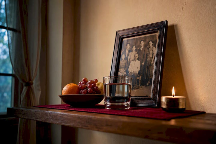 Ancestor altar with offerings and family photograph