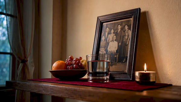 Ancestor altar with offerings and family photograph