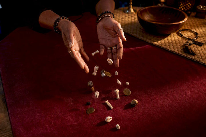 Bones and tokens scattered for divination