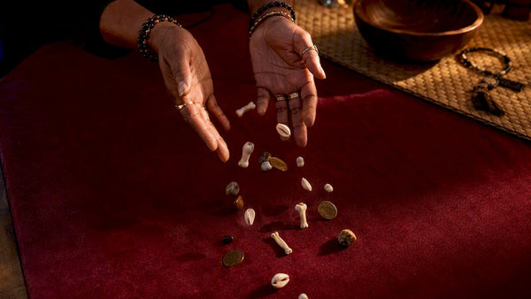 Bones and tokens scattered for divination