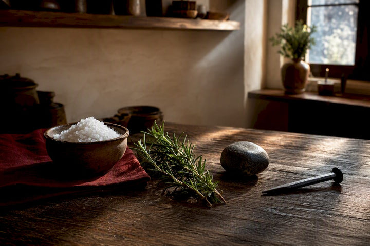 Protection spell ingredients arranged on wooden counter