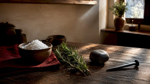 Protection spell ingredients arranged on wooden counter