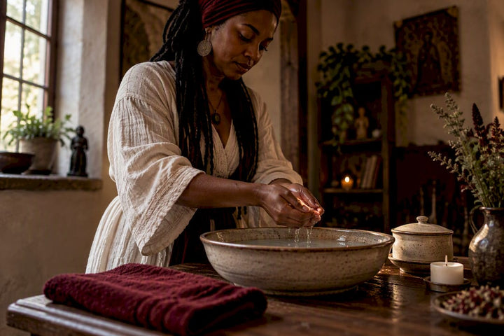 Practitioner rinsing hands after ritual reversal