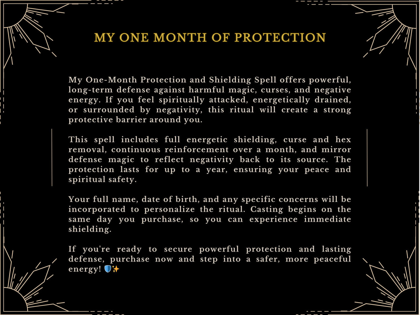 One Month of PROTECTION AND SHIELDING Spell castings and defense against harmful magic curses and hexes for one year by MotherOdessa